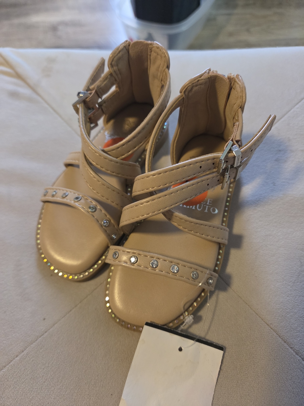 Vince Camuto Girls Beige Rhinestone Strappy Sandals